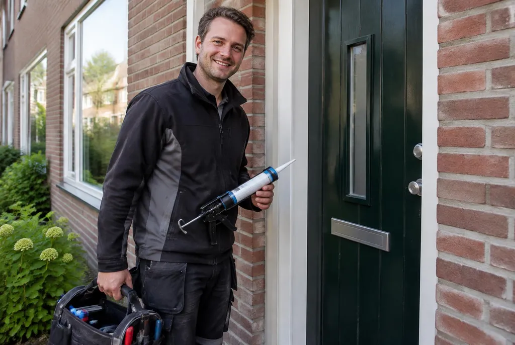 Vakman van Kitbedrijf Hoevelaken bij de voordeur van een woning